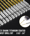 Hex Shank Drill Bit Set 13-Piece HSS Titanium Twist Bits For Metal Wood Plastic Quick Change Design arrayed with close-up