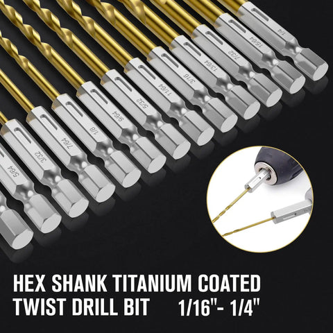 Hex Shank Drill Bit Set 13-Piece HSS Titanium Twist Bits For Metal Wood Plastic Quick Change Design arrayed with close-up