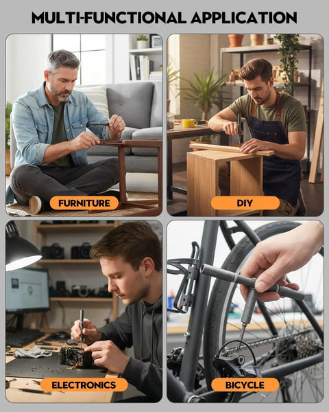 42 In 1 Magnetic Screwdriver Kit With Ratchet T Handle And Full Multi Bit Set For Home Computer Bicycle Furniture And DIY Projects Dark Orange Great Gift For Any Handy Person in use for furniture assembly and bicycle repair.