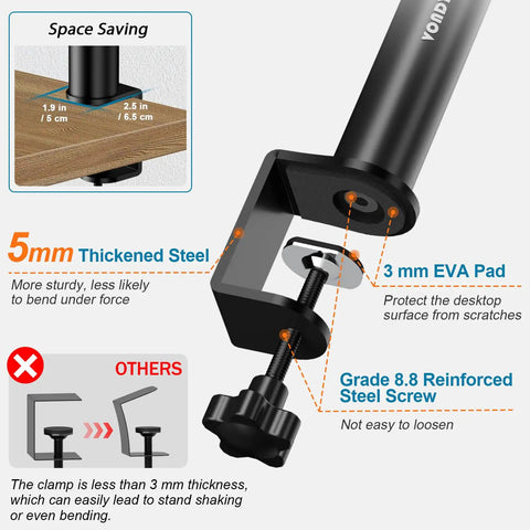 Close-up of Set Of Two Dope Desktop Monitor Stands showing space-saving clamp, 5mm thickened steel, and adjustable tubes.