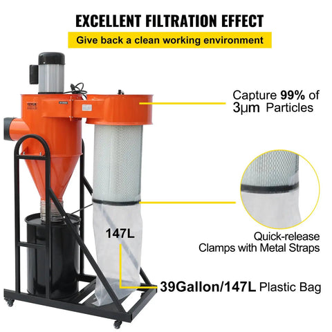 2 HP Dust Collector Beast For Your Shop with 1167 CFM Portable Vortex System featuring 39 Gallon Bag and 3 Micron Canister Filter Kit