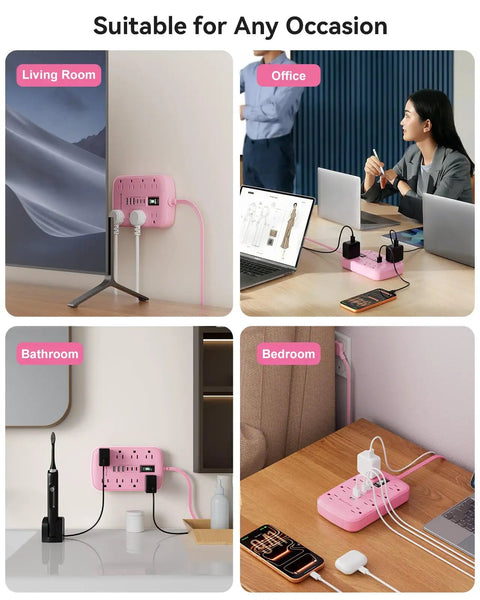 Pink 5 Foot Extension Cord With Surge Protector Six USB Ports Super Handy Three USB C Quick Charge Ports And Three USB A Smart Charging Tech Cute Kawaii Style For Home Office Desk Setup And TV Stand in living room and office use