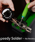 Hands using Pro Grade Desoldering Wick For Quick Solder Removal And PCB Maintenance with heat resistant braid on circuit board.