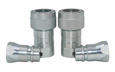 Pair of silver 1/2-inch Pioneer-style ISO 5675 hydraulic quick-connect tractor couplers with knurled collars and dust caps.