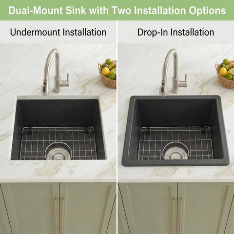Dual-mount view of Black Bar Sink 16 By 18 Inch Undermount Granite Composite Wet Bar Sink For Kitchen Or Home Bar Scratch Resistant