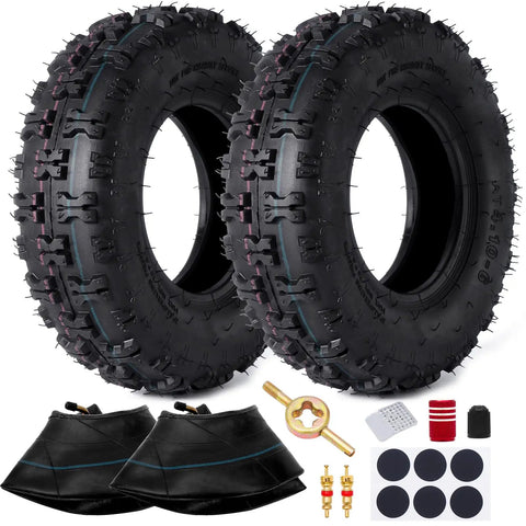 Heavy Duty 4.10/3.50-6 Tire And Inner Tube Set For Lawn Mowers, Wheelbarrows, Go Karts with accessories displayed
