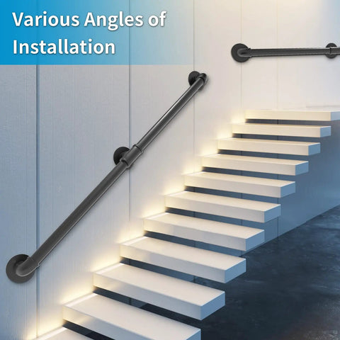 Heavy Duty Industrial Galvanized Pipe Stair Handrail 5 Foot Length With Wall Mounts Black Powder Coat Finish on modern stairs