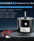 Heavy Duty Replacement Condenser Fan Motor 1/4 Hp At 850 Rpm 208 Through 230 Volt AC Blower with wiring and specifications visible.