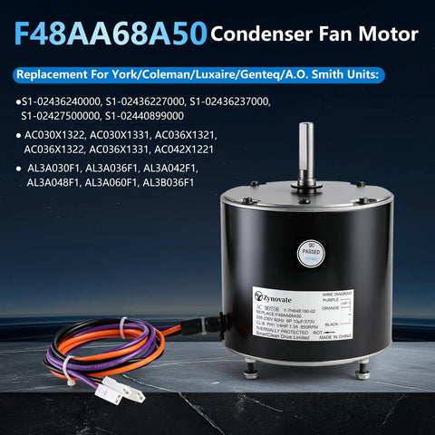 Heavy Duty Replacement Condenser Fan Motor 1/4 Hp At 850 Rpm 208 Through 230 Volt AC Blower with wiring and specifications visible.
