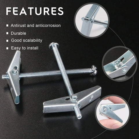Sixty Pack Three Sixteenth Inch Zinc Plated Steel Toggle Bolts With Round Head And Wing Nuts For Hanging Heavy Items On Drywall Durable Rust Resistant Fastener Set, shown with features