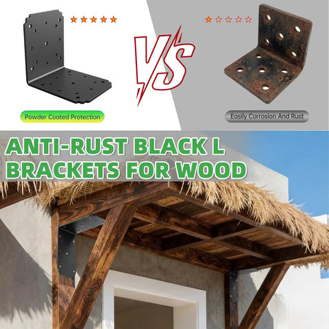 Heavy Duty L Bracket 6x6x5 90 Degree Pergola Bracket With Black Rustproof Coating installed on wooden pergola.