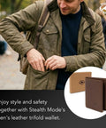 Trifold Leather Wallet For Men With RFID Blocking Napa Leather 9 Card Slots ID Window Divided Billfold Slim Durable Everyday Carry shown with a man placing it in his bag.