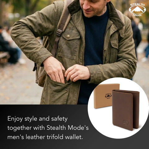 Trifold Leather Wallet For Men With RFID Blocking Napa Leather 9 Card Slots ID Window Divided Billfold Slim Durable Everyday Carry shown with a man placing it in his bag.