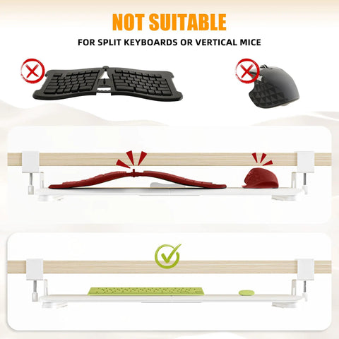 Under Desk Keyboard Tray With Pull Out Slide And C Clamp Mount, 29.7 Inch Total Length, showing keyboard and mouse compatibility