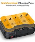 Multifunctional vibration plate exercise machine for home workouts with 250 speeds and 500 lb capacity, showing intensity training zones.