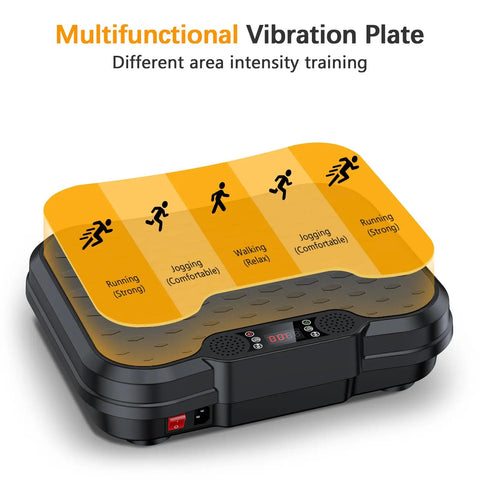 Multifunctional vibration plate exercise machine for home workouts with 250 speeds and 500 lb capacity, showing intensity training zones.