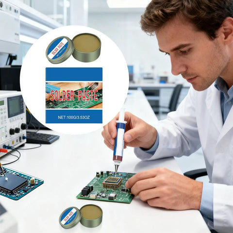 Lead Free Solder Paste Flux Repair Aid With Quick Melt Bond For Electronics Jewelry Copper Circuit Boards Plumbing And Metal Fabrication Pro Grade Welding Compound For Strong Conductive Joints in use by technician on circuit board, with 100g tin shown.