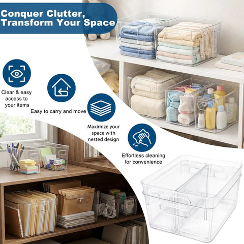 8 Pack Modular Clear Plastic Storage Bins Set With 4 Large And 4 Narrow Nestable Space Saving Bins for Pantry Kitchen Fridge