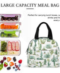 Insulated Lunch Bag For Women And Men Portable Lunch Tote with cactus print, shown beside stacked meal boxes and fruits.