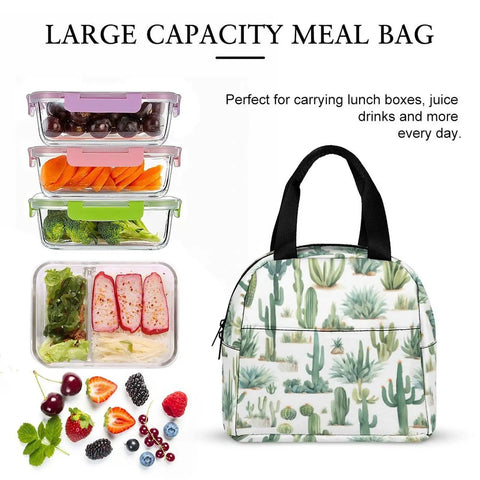Insulated Lunch Bag For Women And Men Portable Lunch Tote with cactus print, shown beside stacked meal boxes and fruits.
