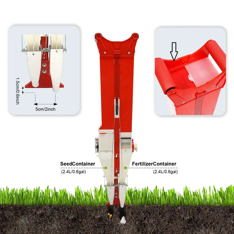 Handheld Seed Planter And Fertilizer Spreader For Home Garden Adjustable Seed Rate And Depth No Bending Seeding Front View