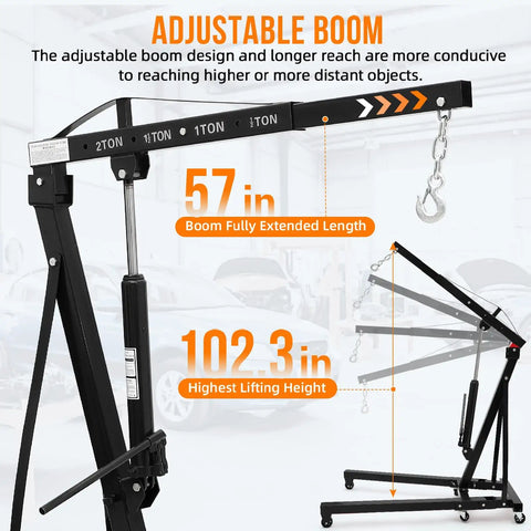 Adjustable boom details of Shop Certified 2 Ton Hydraulic Engine Hoist Cherry Picker showing 57 in extended length and 102.3 in height.