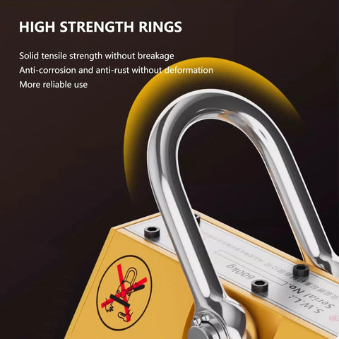 High strength rings on Heavy Duty Permanent Magnet Lifter Tough As Nails Grip securely pull steel and iron plates and pipes.