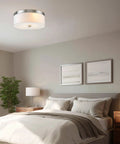 Mid Century Modern 3 Light Flush Mount Ceiling Light With Cream Fabric Shade And Round Glass Diffuser In Copper Bronze Finish