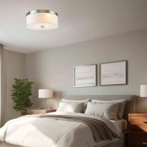 Mid Century Modern 3 Light Flush Mount Ceiling Light With Cream Fabric Shade And Round Glass Diffuser In Copper Bronze Finish
