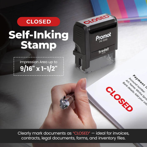 Self Inking Closed Rubber Stamp With Built In Ink Pad For Office Invoices And Paperwork Featuring No Sweat Quick Press Action, 9/16" x 1-1/2" size.