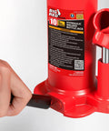 Front view of red Torin BIG RED 10-ton hydraulic bottle jack with black release handle