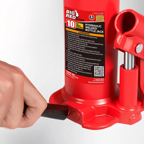 Front view of red Torin BIG RED 10-ton hydraulic bottle jack with black release handle