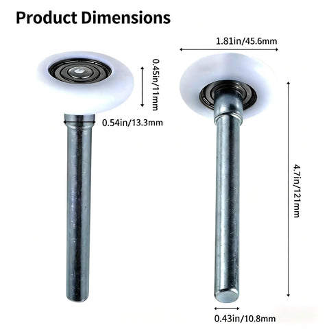 Dimensions of 10 Pack Two Inch Nylon Garage Door Rollers With 6200 ZZ Dual Sealed Bearings and Heavy Duty Steel Stem shown