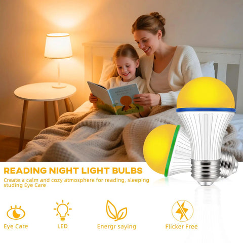 Mother and child reading under Amber Sleep Light Bulbs 3W Warm 1800K No Blue Light Ideal For Baby Nursery And Sleep, E26 Base, 2 Pack