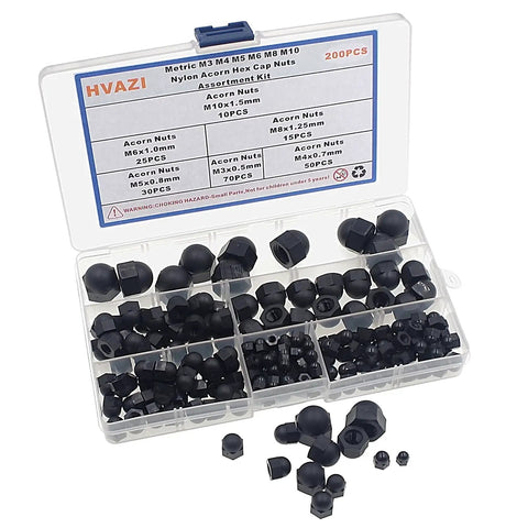 Nylon Acorn Hex Cap Nuts Assortment Kit In Metric Sizes M3 M4 M5 M6 M8 M10 Black Finish Smooth Rounded Head