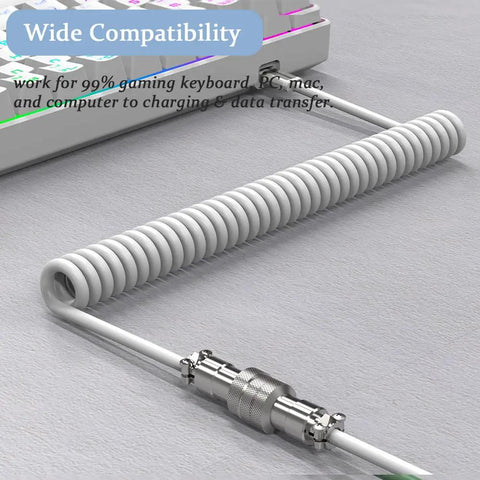 Pro Tier Coiled Gaming Keyboard Cable, USB Type C To USB A Mechanical Switch Spring Cord With Detachable Connector, Tangle Free TPU Shielding, Blazing Fast Sync And Slick Zero Drag For PC Gamers White
