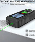 Dope Green Beam Laser Measure Hella Accurate 165 Foot Portable Distance Meter With Bright Backlit Display showing measurements indoors.