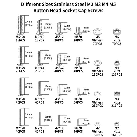 Heavy Duty Stainless Steel Metric Screw Assortment Kit Includes 1710 Pcs Of M2 M3 M4 M5 Nuts Bolts Hex Button Head Caps And Washers For Tough As Nails Hardware Fixes On The Spot with various sizes.