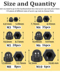 All In One Black Nylon Acorn Nut Kit With M3 To M10 Sizes, showing size and quantity details for dome head cap nuts.