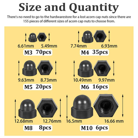 All In One Black Nylon Acorn Nut Kit With M3 To M10 Sizes, showing size and quantity details for dome head cap nuts.