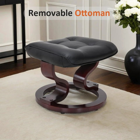 Black faux leather ottoman for Manual Recliner With Ottoman For RV And Small Spaces 360 Degree Swivel Black Faux Leather.