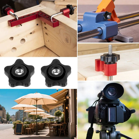 Heavy Duty 5/16 Black Star Knobs With Female Thread 4 Pack Ergonomic Wing Nuts for Workshop tools and setup.