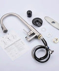 DEOLER Kitchen Faucets with Glass Rinser Single Handle High Arc Kitchen Sink Faucet components, brushed nickel finish, and installation instructions.