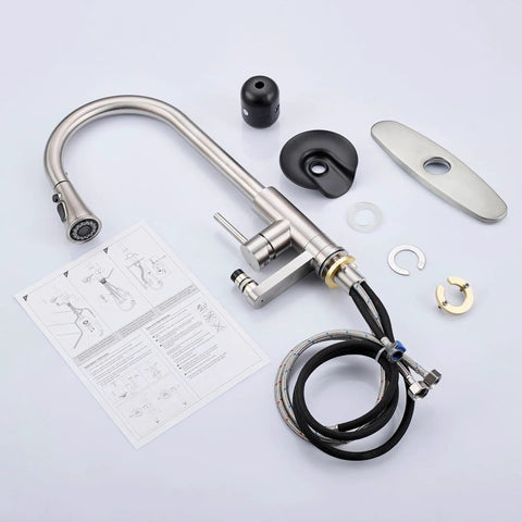 DEOLER Kitchen Faucets with Glass Rinser Single Handle High Arc Kitchen Sink Faucet components, brushed nickel finish, and installation instructions.