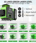 16 Line Green Laser Level Kit With 4x360 Degree Beams Auto Self Leveling For Pro Grade DIY Renovations Long Range Remote Dual 4800mAh Batteries 48 Hour Runtime Tripod And Hard Case, green laser level with H and V mode buttons