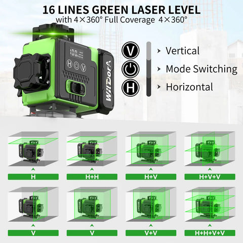 16 Line Green Laser Level Kit With 4x360 Degree Beams Auto Self Leveling For Pro Grade DIY Renovations Long Range Remote Dual 4800mAh Batteries 48 Hour Runtime Tripod And Hard Case, green laser level with H and V mode buttons