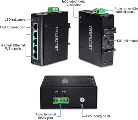 5 Port Industrial Unmanaged Fast Ethernet PoE Plus DIN Rail Switch TI PE50 with 200W Power Budget IP50 Rated NDAA TAA Compliant