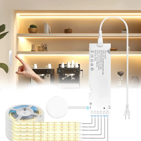 12V Warm White COB LED Strip Light Kit With 6.56Ft Length Self Adhesive Mount Parallel COB LEDs installed under cabinet lighting