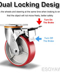Heavy Duty Workhorse Caster Set Of Four Smooth Rolling Polyurethane Wheels With Double Ball Bearings And Swivel Brake showing dual locking design.