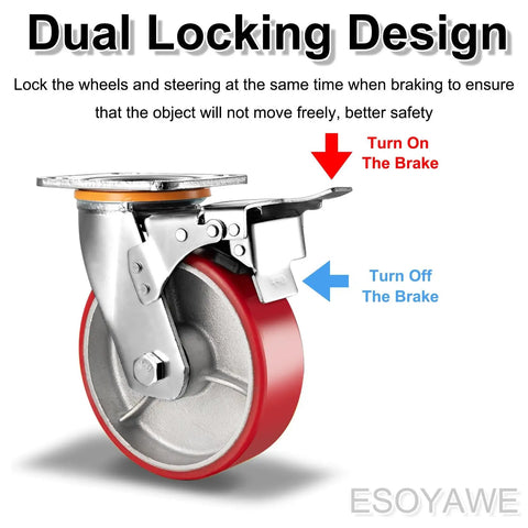 Heavy Duty Workhorse Caster Set Of Four Smooth Rolling Polyurethane Wheels With Double Ball Bearings And Swivel Brake showing dual locking design.